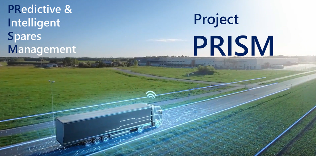 trailer truck on a highway lit with digital overlay