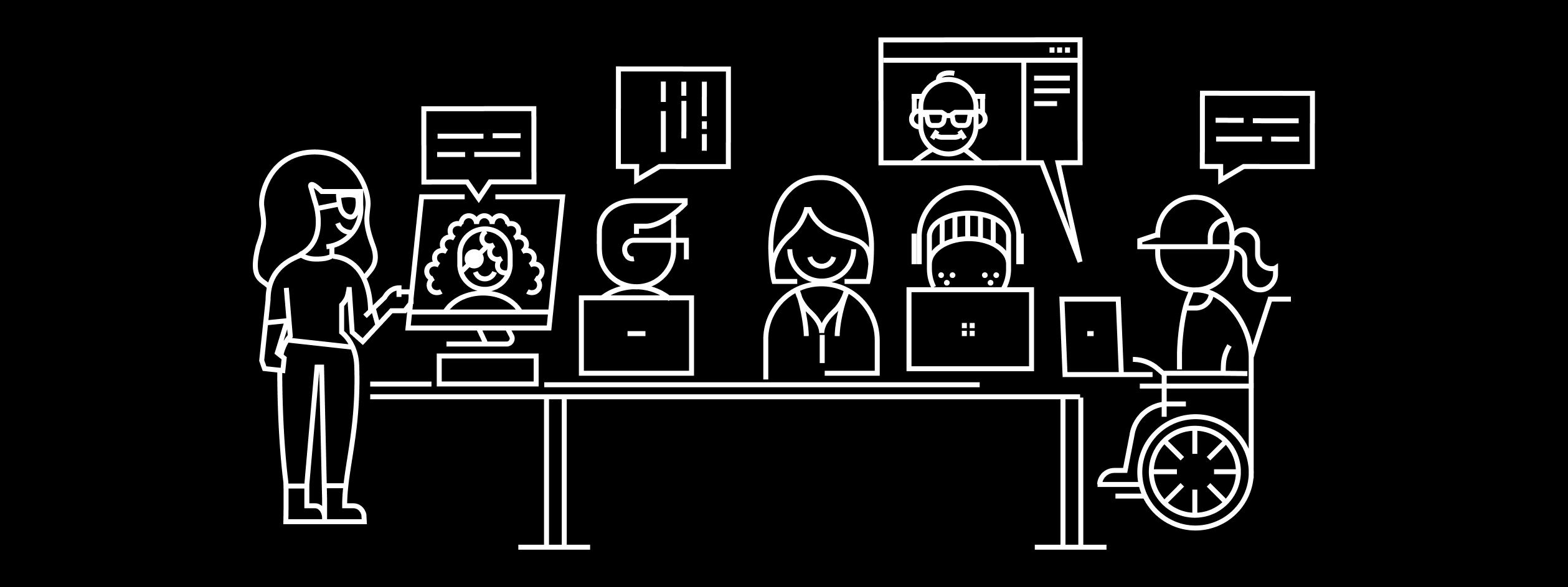 A diverse group of people collaborating around a table and through a video call, including individuals with glasses, an eyepatch, a wheelchair user, and a person wearing headphones.