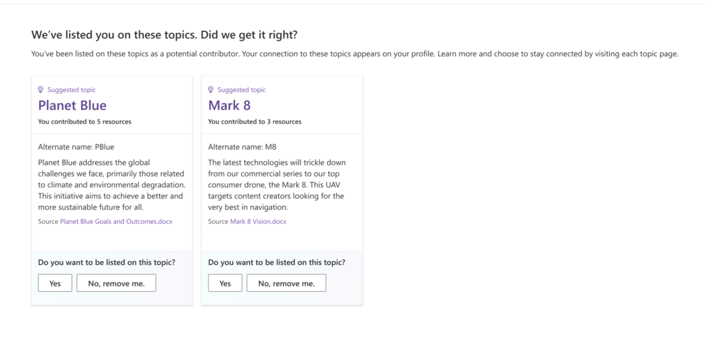 Two topic cards are shown, for two different topics. Above them, the text: "We've listed you on this topics. Did we get it right?" Below them: "Do you want to be listed on this topic? Yes. No, remove me."