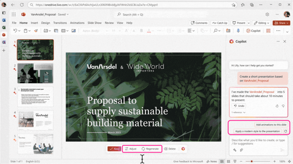 "Proposal to supply sustainable building material" slides in PowerPoint application. Copilot in PowerPoint shows buttons to adjust and regenerate slides. Copilot in PowerPoint also open on the right panel suggesting 2 prompts 1 add animation to this slide and 2 apply a modern style to the presentation.