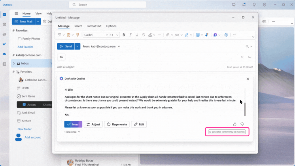 A draft email generated by Copilot in Outlook. At the bottom right corner of the draft email, Copilot in Outlook provides a warning AI generated content may be incorrect.