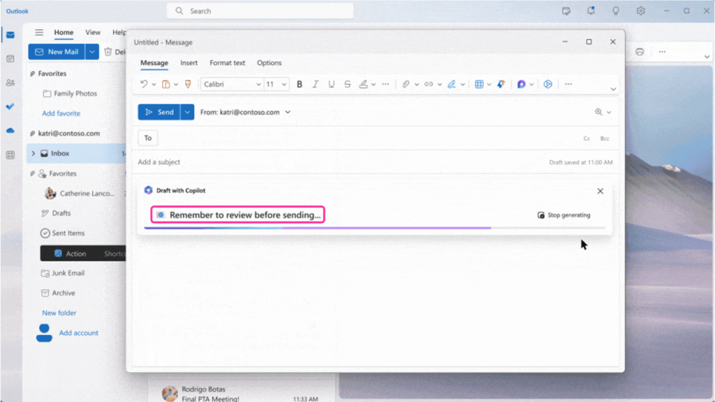 Copilot in Outlook is generating an email draft for the user. On the progress bar, it shows the message remember to review before sending