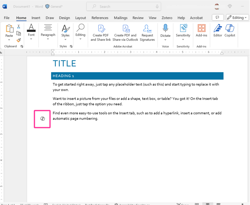 Copilot in Word draft document with Title, Heading 1 and placeholder text. Copilot’s icon appears in the document margin.