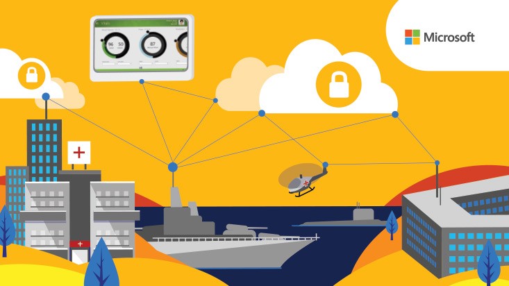 An illustration drawing of health organizations and military ships and helicopters connected digitally