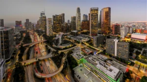 a city with tall buildings in the background