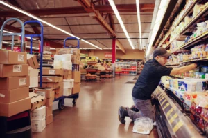 grocery store employee stocking shelves