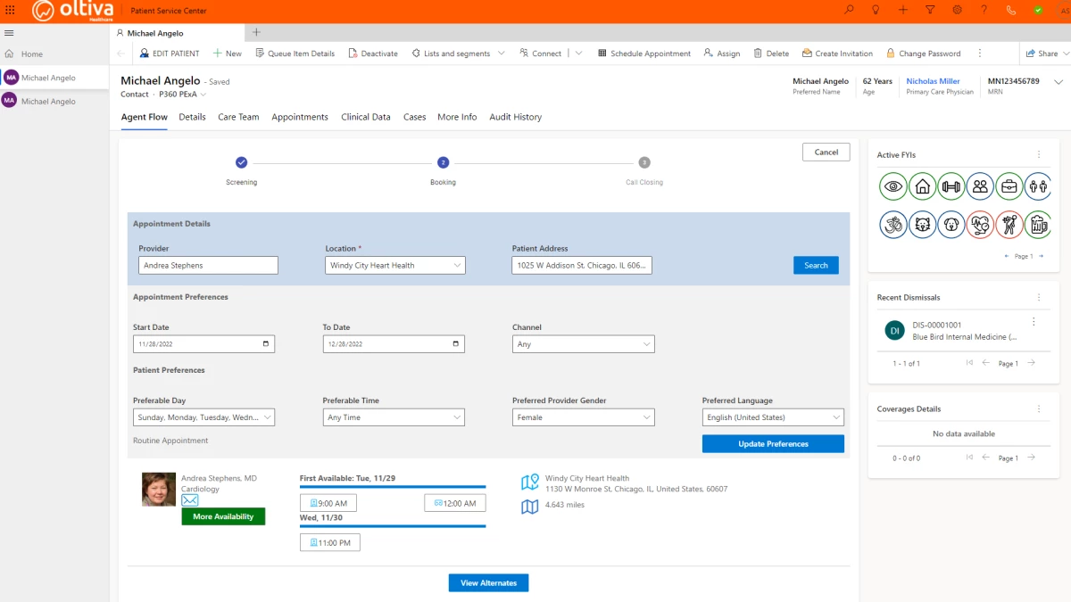 Screenshot of PExA Patient Service Center with agent flow assistants 