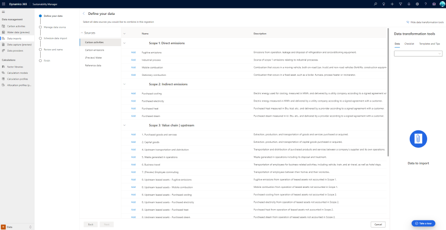 Defining data for ingestion in Microsoft Sustainability Manager