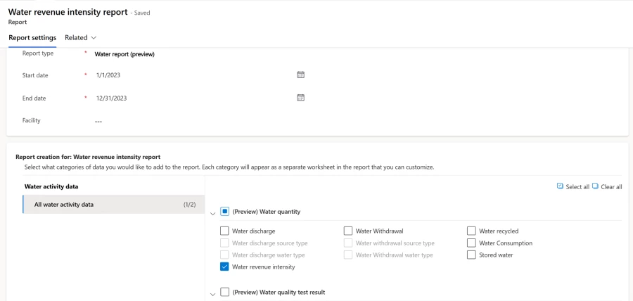 Screenshot of Water revenue intensity report in Microsoft Sustainability Manager.