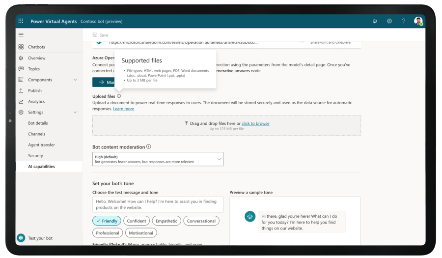 A tablet device showing the Power Virtual Agents bot.