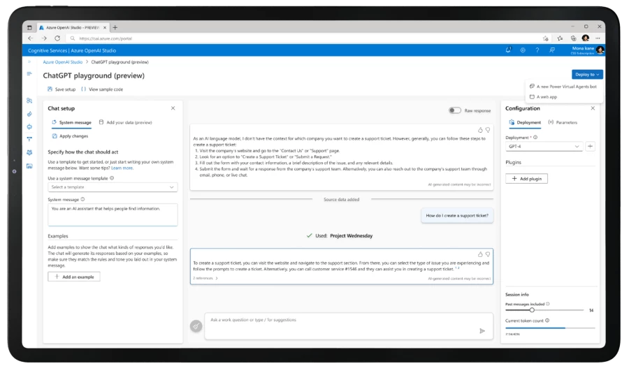 A tablet device showing Azure AI studio.