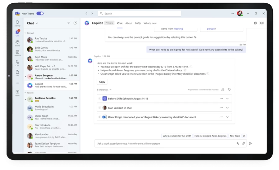 Tablet device showing a user using the Shifts plug-in for Microsoft 365 Copilot in Teams to figure out what they need to prepare for their open shifts next week.