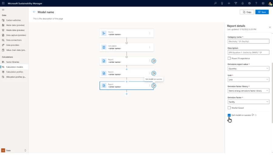 Screen showing calculation models in Microsoft Sustainability Manager