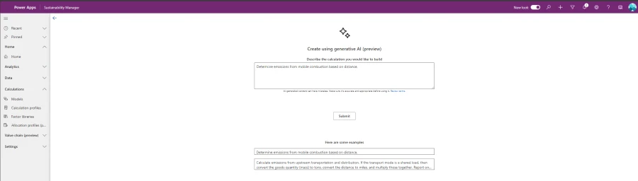Screenshot of how to input natural language to describe the calculation you need when creating calculation models with Copilot in Microsoft Sustainability Manager.