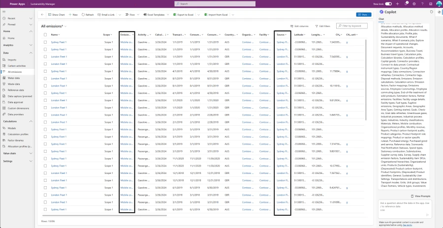 Screenshot of how to trace underlying activity data using the activity to emissions traceability feature within Microsoft Sustainability Manager.