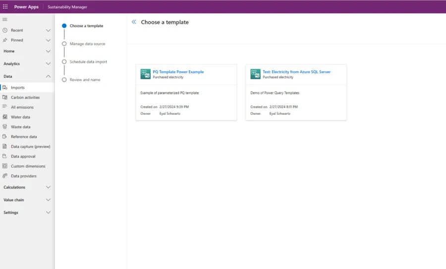Screenshot showing where in Microsoft Sustainability Manager to go to choose the template you want to use for your Power Query data import.