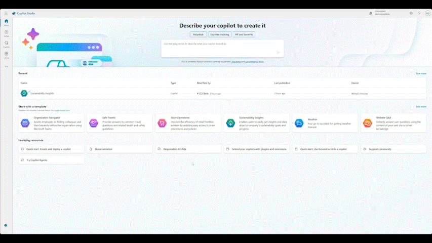 Animated gif showing Store Operations application discovered within Copilot studio home page and how users can deploy, configure and interact with this application using natural language.
