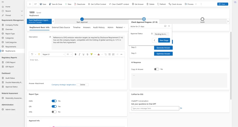 Screen view of Accenture and Avanade&rsquo;s generative AI-powered solution reflecting the steps through the approval process. Within the screen, users have an option to query CoPilot for ESG as well. 