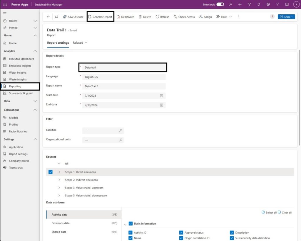Screenshot of a data trail preparation report in Microsoft Sustainability Manager.