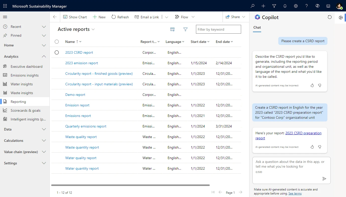 Screenshot showing report creation using Copilot in Sustainability Manager: A user at Contoso Corp asks Copilot to create a CSRD preparatory report for 2023.