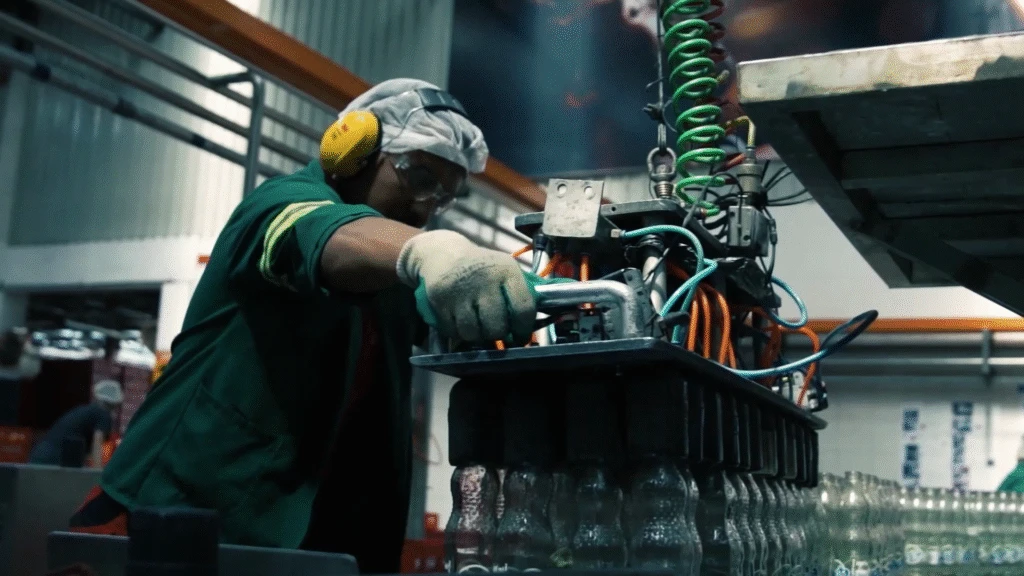 Coca-Cola Beverages Africa worker filling bottles in a warehouse.