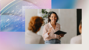 Abstract image overlayed with an image of a person holding a tablet smiling