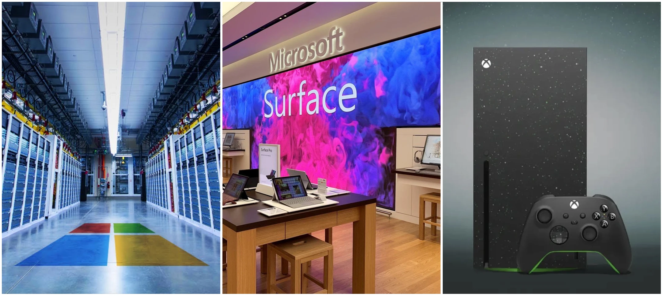 Three images - the first is a Microsoft data warehouse, the second a Microsoft Store with an abstract image on a screen reading "Surface" and the third an XBox console with controller.