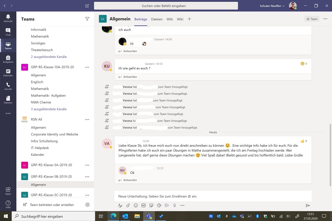 Screenshot Microsoft Teams in der Realschule Neuffen