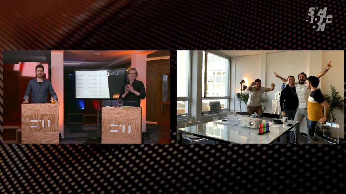 Es ist eine Collage aus zwei Bildern zu sehen. Im linken Bild stehen zwei Personen vor einer Kamera. Im rechten Bild Jubelt eine Gruppe von Menschen, während ein Beamer angeschaltet ist.