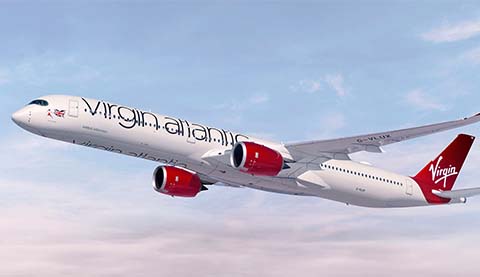 Image of a virging atlantic airplaine in the air