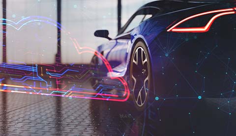 A blue car and a holographic animation of a cloud right next to it