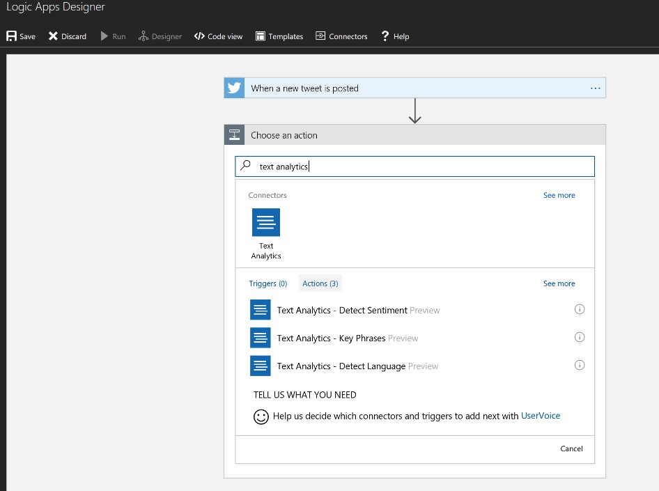 A screenshot showing Logic Apps Designer stating that Text Analytics will be run for each tweet pulled in.