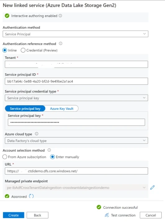 A screenshot showing the new linked service dialogue