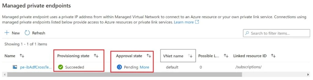 A screenshot of the Managed Private Endpoints showing a pending status.