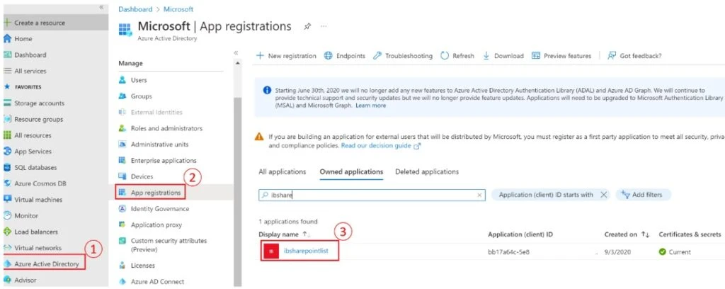 A screenshot of the App registrations menu