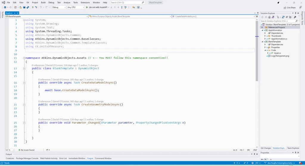 A screenshot showing an empty VS Template applet project ready for a developer to start
