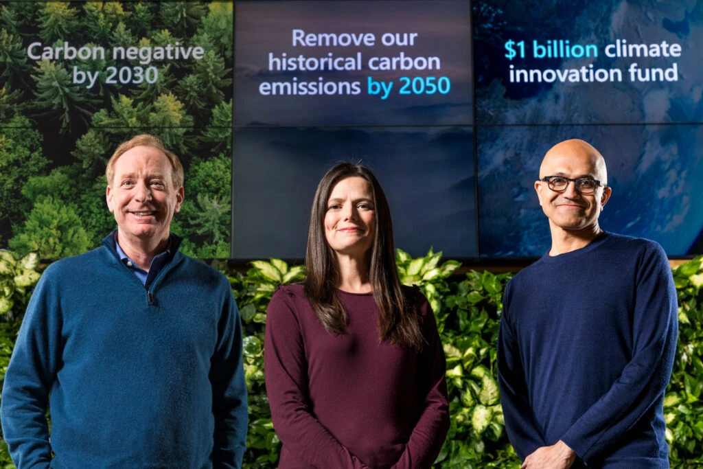 Microsoft President Brad Smith, Chief Financial Officer Amy Hood and CEO Satya Nadella preparing to announce Microsoft&rsquo;s plan to be carbon negative by 2030.