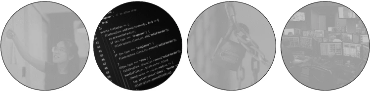 Four photos in circles representing 'code'