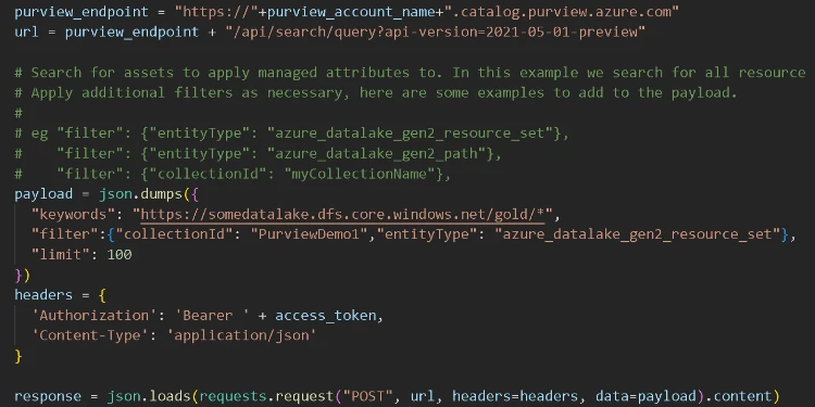A screenshot of a Purview code example.