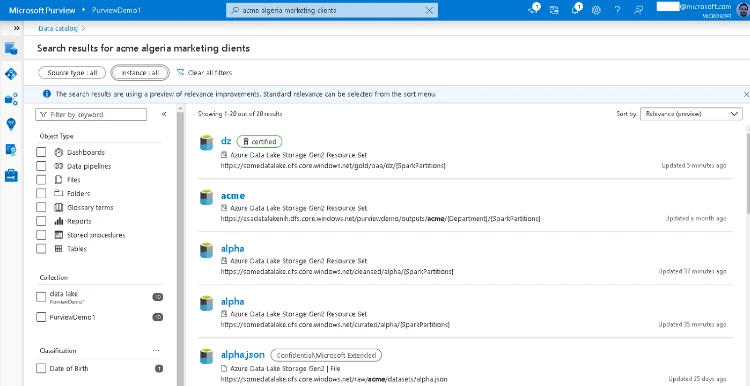 A screenshot showing search results for the term "ACME Algeria marketing clients" in Purview.