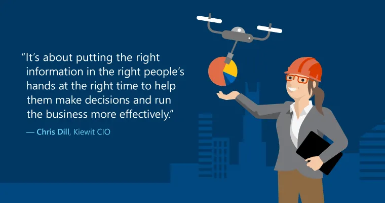 Business woman in construction, " It's about putting the right information in the right people's hands at th eright time to help them make decisions and run the business more effectively."- Chris Dill, Kiewit CIO
