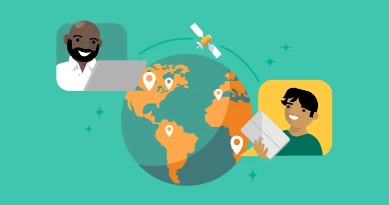 Man and woman communicating across the world