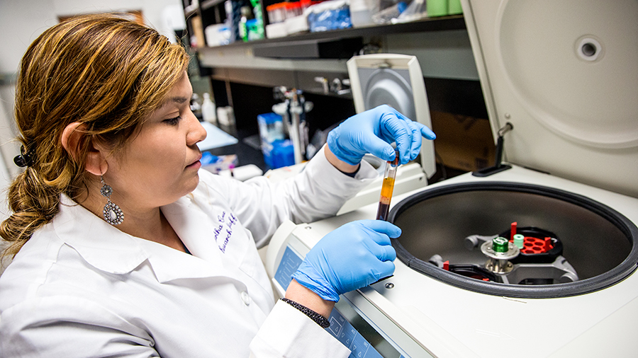lab researcher inspecting a testing tube.