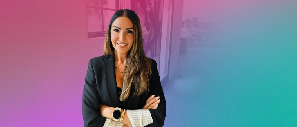 Argyro Apostolou, CFO Omega Industries, with a gradient background.