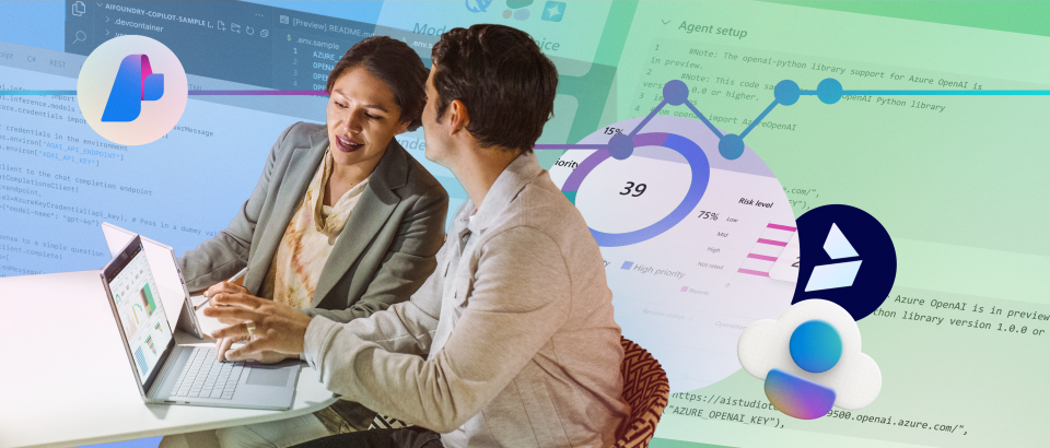 Two colleagues collaborating and working together on laptops. The background features graphs and charts