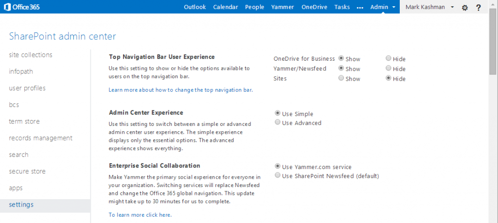 In Advanced mode in the SharePoint Online admin center, you can select the Use Simple (selected in the image above) or Use Advanced admin experience.