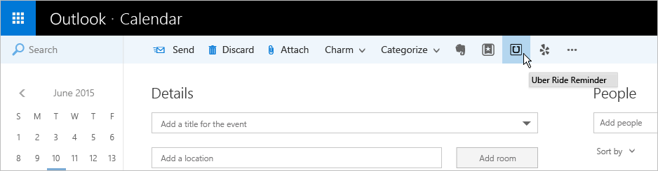 Mouse hover over Uber symbol displays "Uber Ride Home Reminder" call to action