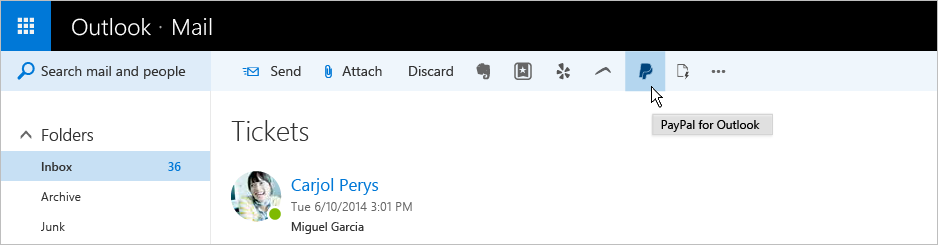 Mouse hover over Paypal symbol displays "Paypal for Outlook" call to action