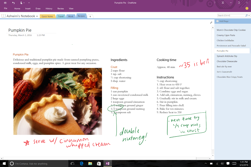 Example OneNote notebook page shown with digital hand writing on th epage