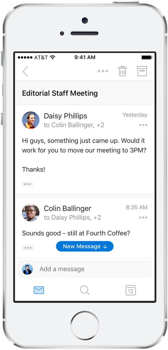 The new conversation view with increased message spacing shown on an iPhone.